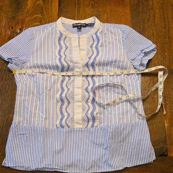 Karl Lagerfeld XS Light Blue & White Striped Shirt, Lace Down Front - Picture 1 of 6
